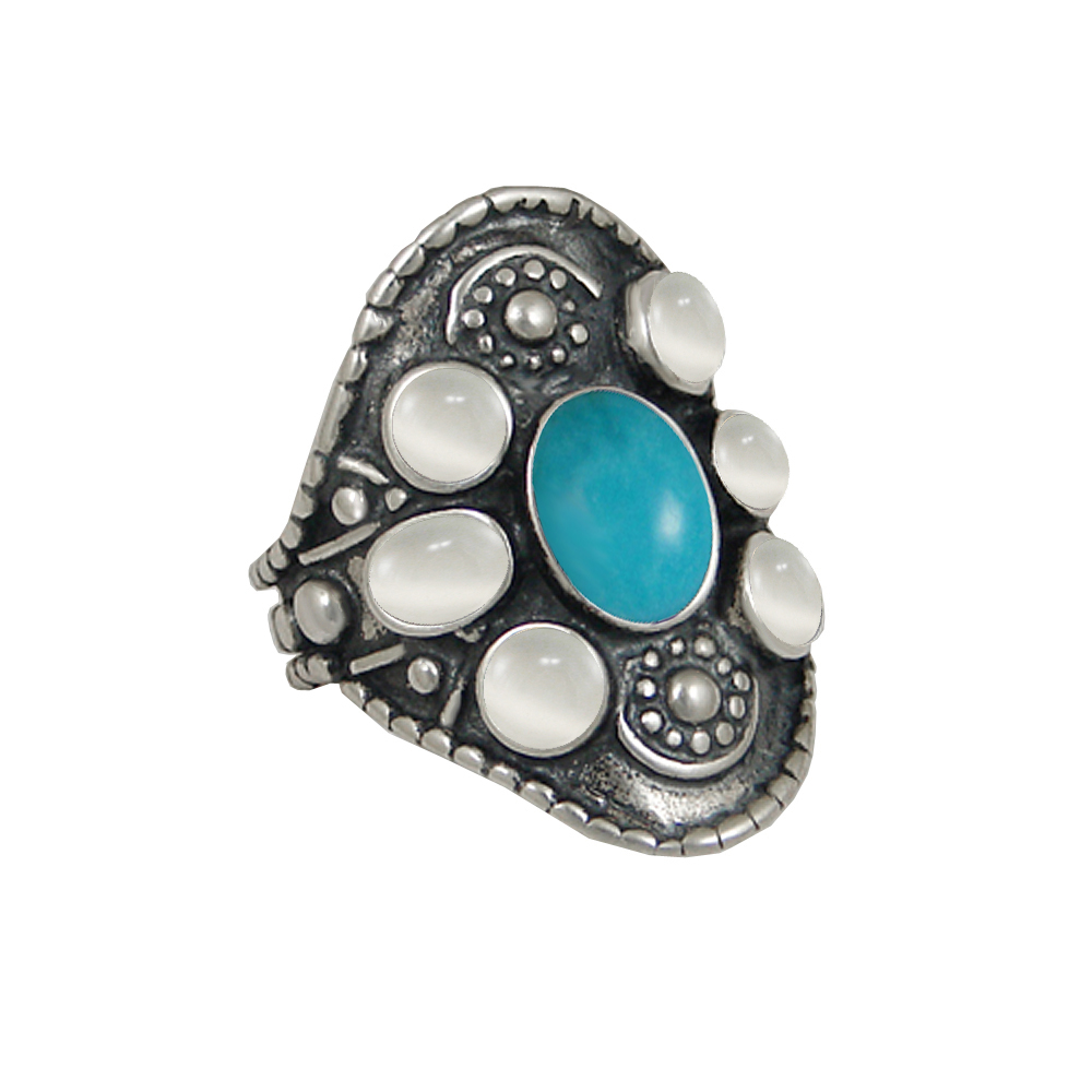 Sterling Silver High Queen's Ring With Turquoise And White Moonstone Size 10